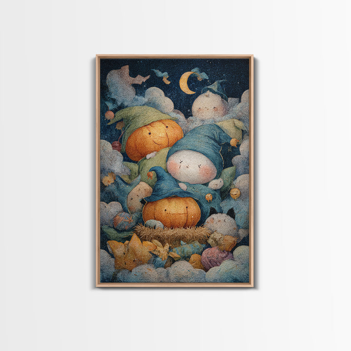 The Pumpkin Pajama Party, Pastel Halloween Art, Vertical Wall Art, Canvas Print, Cute Halloween Wall Art