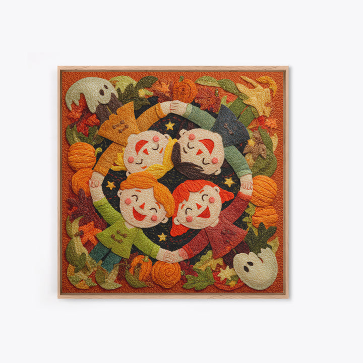 The Dancing Autumn Leaves, Felt Halloween Art, Square Wall Art, Canvas Print, Cute Halloween Wall Art