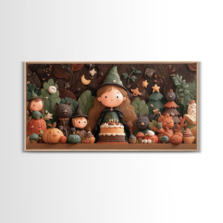 October'S Birthday Party, Clay Halloween Art, Wide Panoramic Art, Framed Canvas Print, Cute Halloween Wall Art