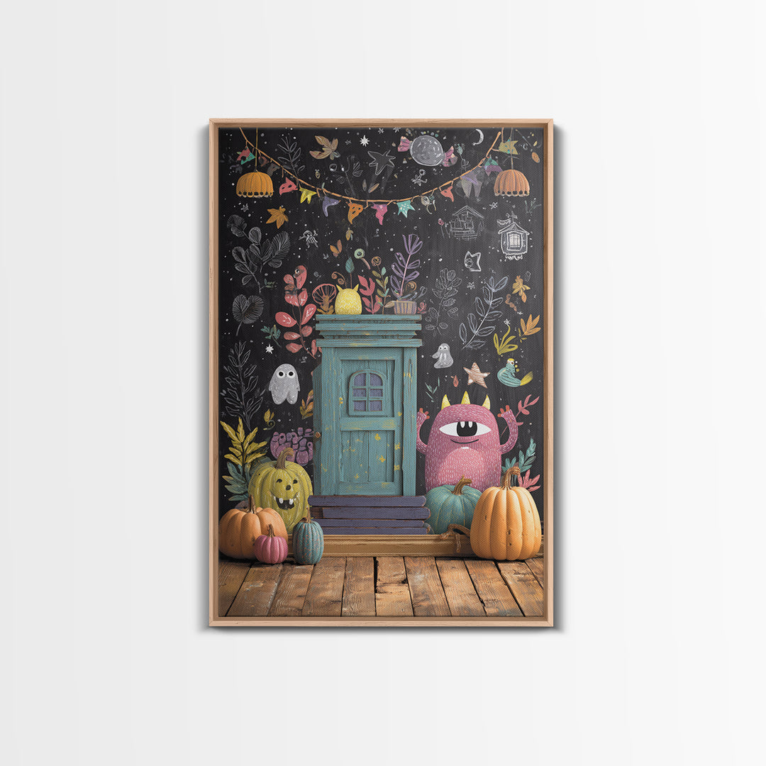 The Little Monster School, Retro Halloween Art, Vertical Wall Art, Canvas Print, Cute Halloween Wall Art