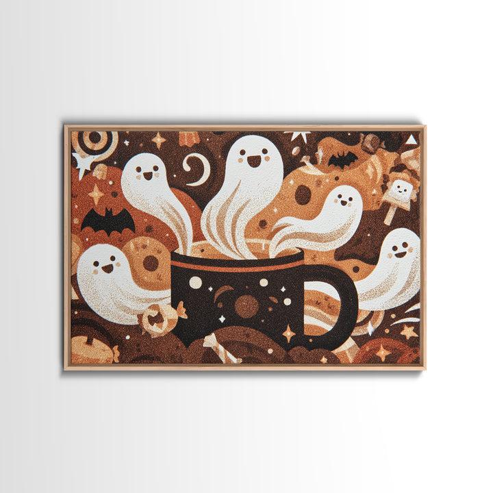 The Marshmallow Ghost Choir, Screenprint Halloween Art, Landscape Wall Art, Framed Canvas Print, Cute Halloween Wall Art
