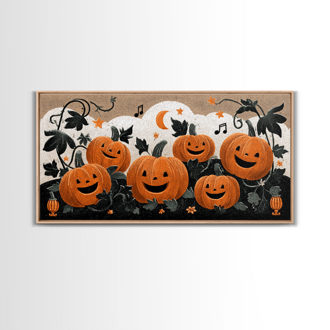 The Singing Pumpkin Patch, Linocut Halloween Art, Wide Panoramic Art, Framed Canvas Print, Cute Halloween Wall Art