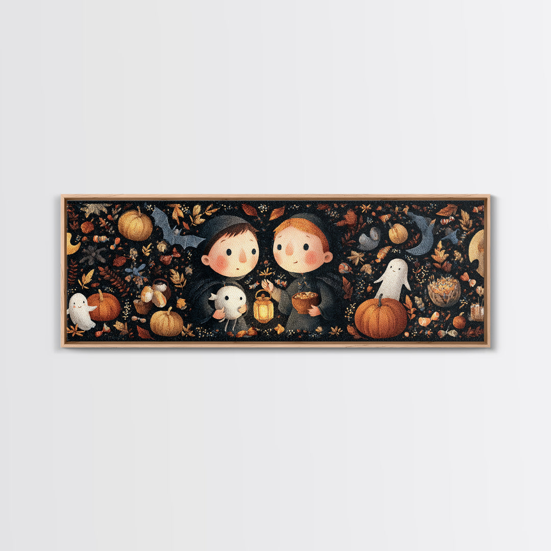 The Child Who Caught A Moon-Spawn, Embroidered Halloween Art, Extra Wide Wall Art, Canvas Print, Cute Halloween Wall Art
