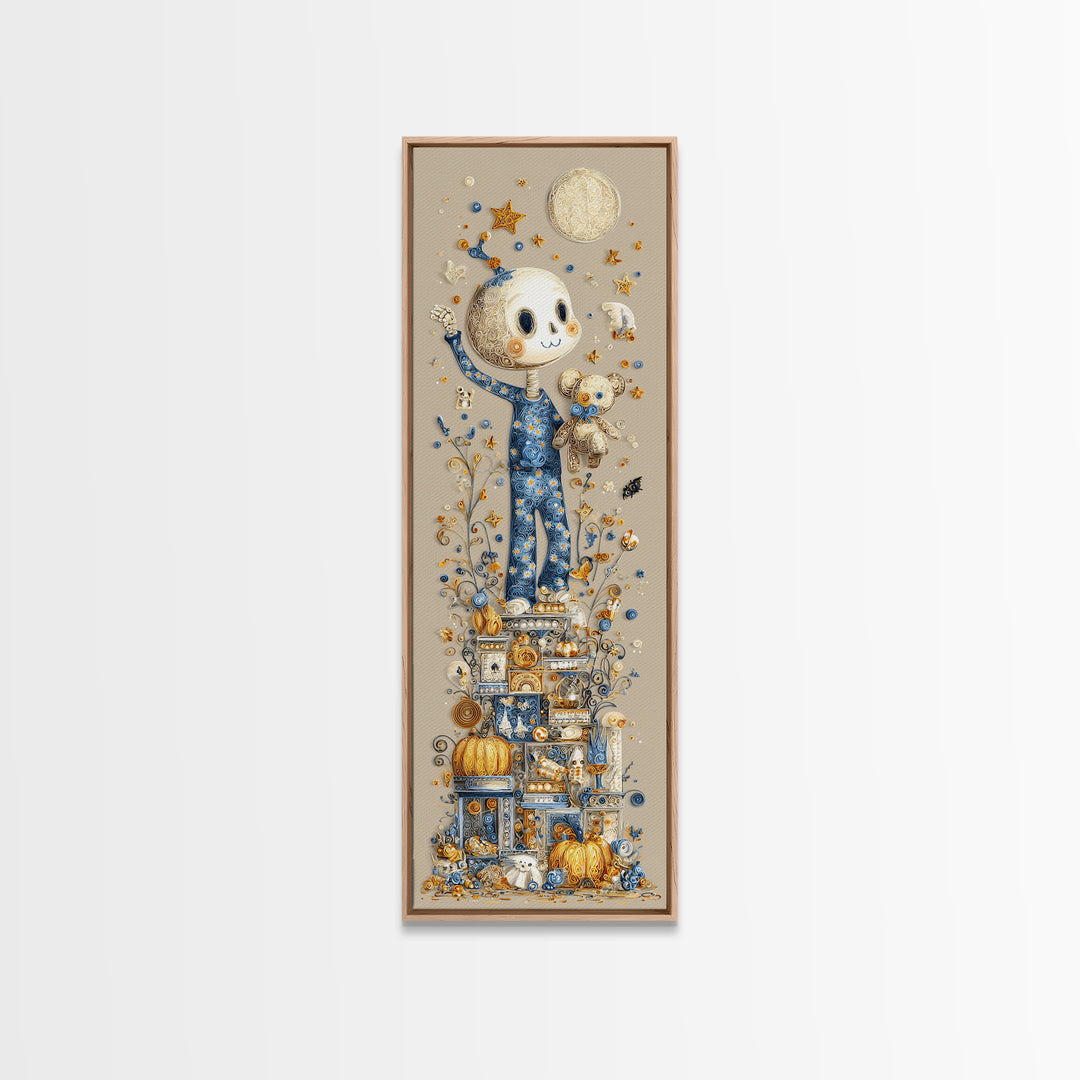 The Pajama Skeleton, Quilled Halloween Art, Tall Narrow Wall Art, Framed Canvas Print, Cute Halloween Wall Art