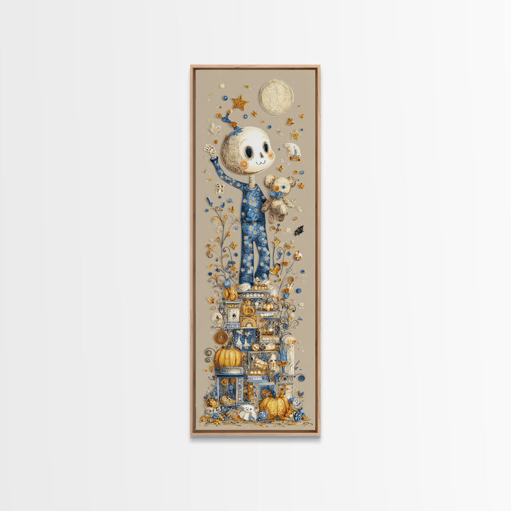 The Pajama Skeleton, Quilled Halloween Art, Tall Narrow Wall Art, Framed Canvas Print, Cute Halloween Wall Art