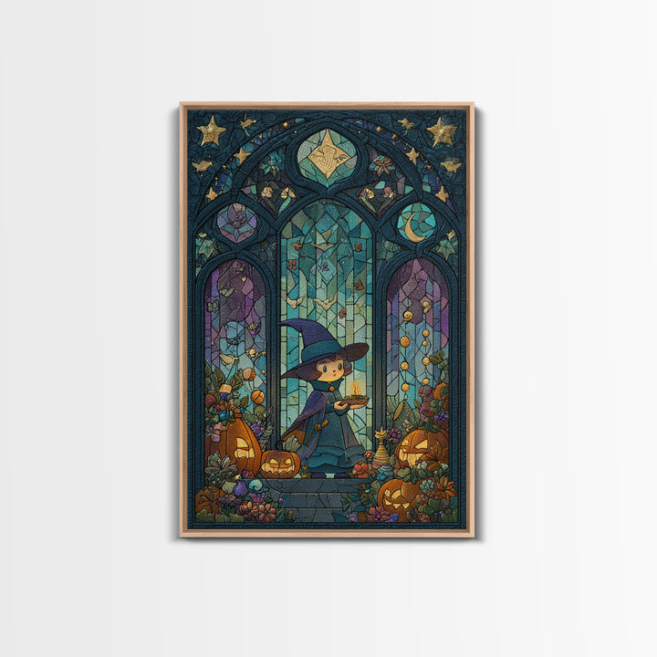 The Tiny Hat Shop Witch, Stained Glass Halloween, Vertical Wall Art, Canvas Print, Cute Halloween Wall Art