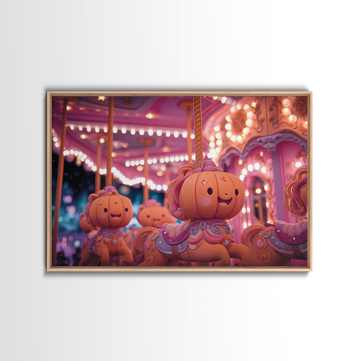 The Pumpkin Carousel, Vaporwave Halloween Art, Landscape Wall Art, Framed Canvas Print, Cute Halloween Wall Art