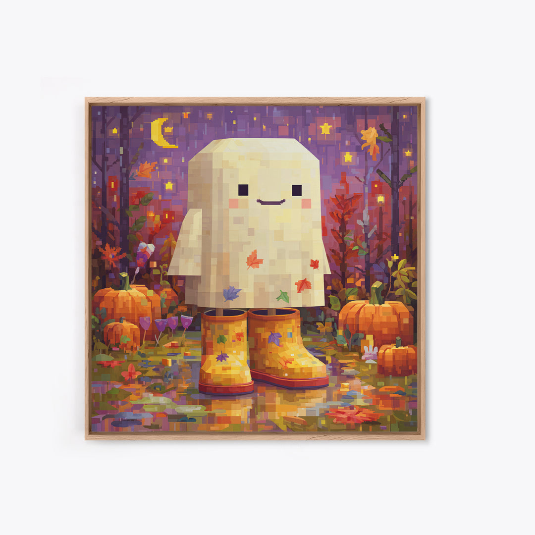 The Ghost In Rain Boots, Pixel Halloween Art, Square Wall Art, Canvas Print, Cute Halloween Wall Art