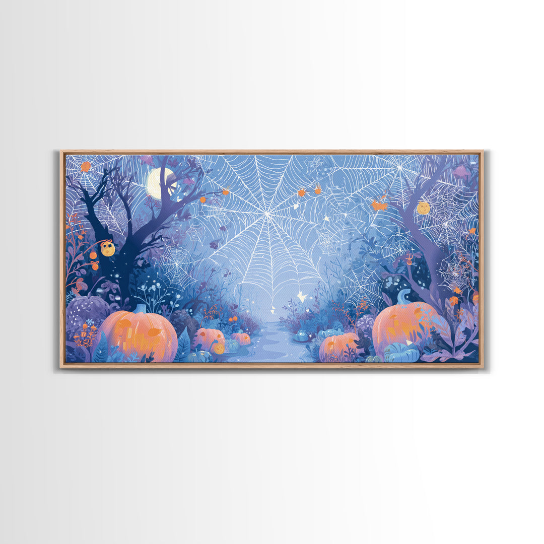 The Great Cobweb Knitting Contest, Vector Halloween Art, Wide Panoramic Art, Framed Canvas Print, Cute Halloween Wall Art