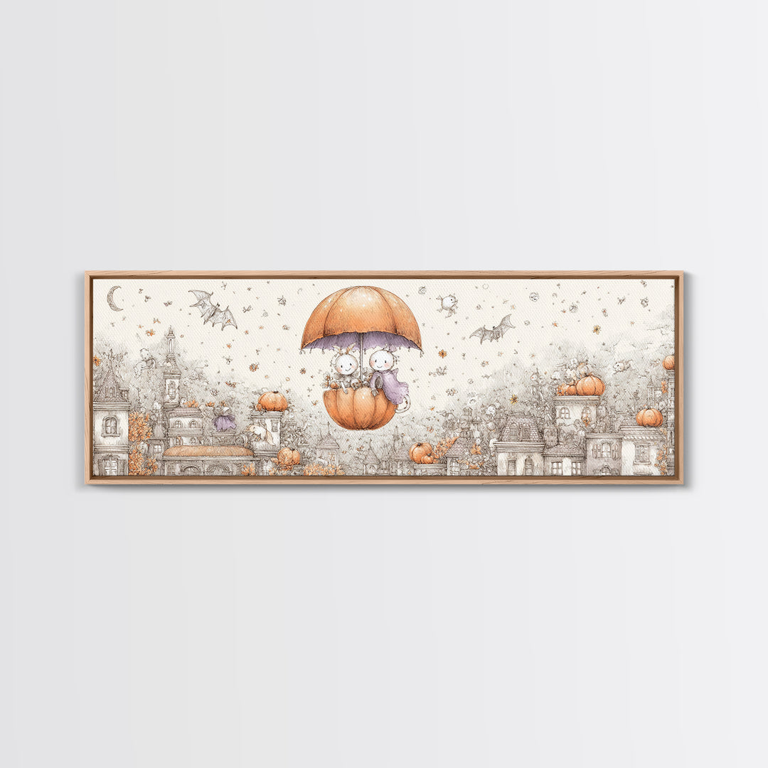 The Enchanted Umbrella Adventure, Hand Sketch Halloween Art, Extra Wide Wall Art, Canvas Print, Cute Halloween Wall Art