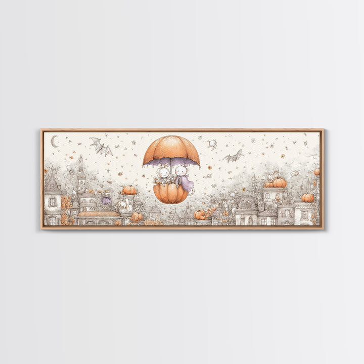 The Enchanted Umbrella Adventure, Hand Sketch Halloween Art, Extra Wide Wall Art, Canvas Print, Cute Halloween Wall Art