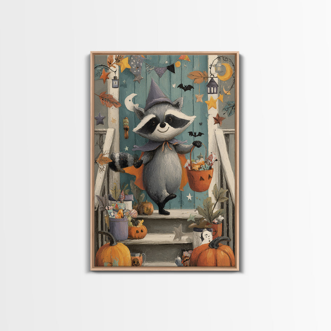 The Raccoon Trick-Or-Treater, Gouache Halloween Art, Vertical Wall Art, Canvas Print, Cute Halloween Wall Art