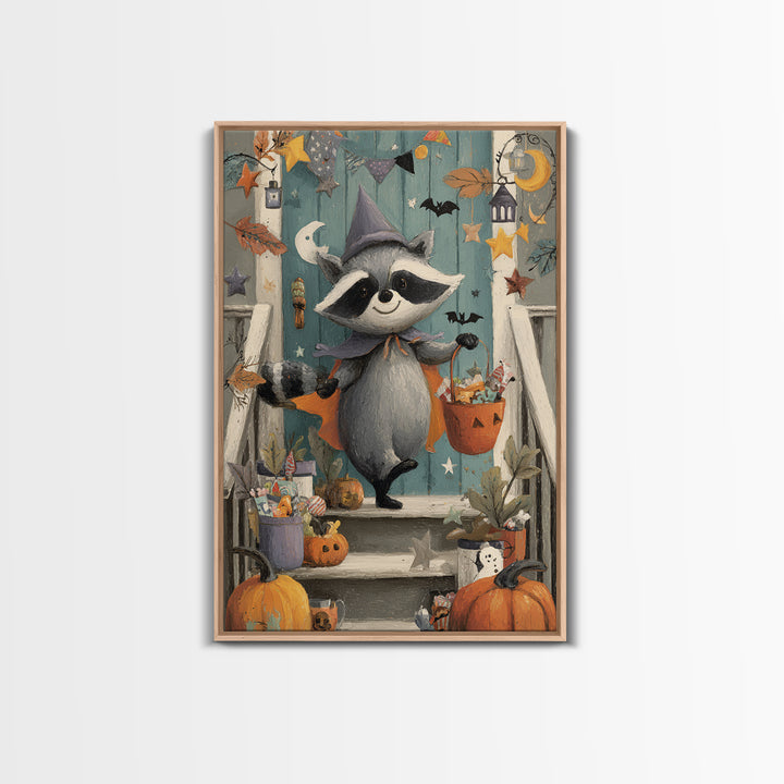 The Raccoon Trick-Or-Treater, Gouache Halloween Art, Vertical Wall Art, Canvas Print, Cute Halloween Wall Art