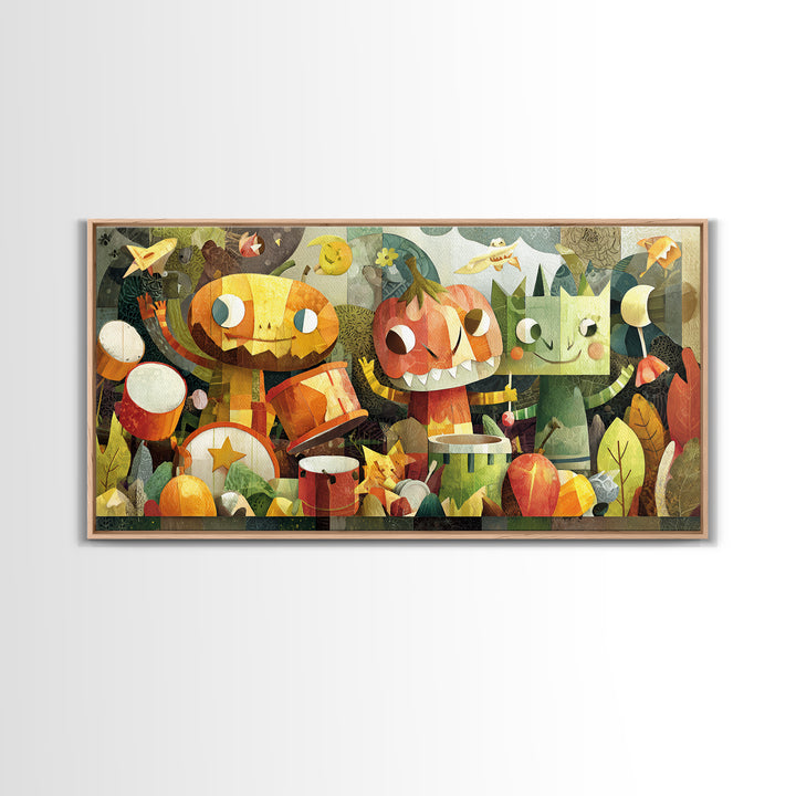 The Little Monster Orchestra, Paper Collage Halloween, Wide Panoramic Art, Framed Canvas Print, Cute Halloween Wall Art
