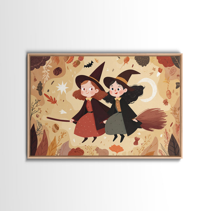 The Twin Broomstick Witches, Kawaii Halloween Art, Landscape Wall Art, Framed Canvas Print, Cute Halloween Wall Art