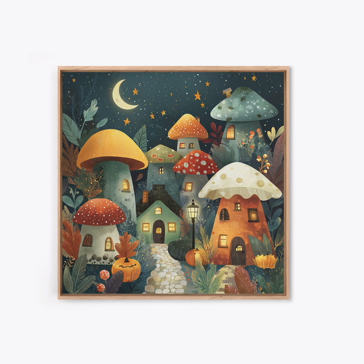 The Lantern-Lit Mushroom Village, Retro Halloween Art, Square Wall Art, Canvas Print, Cute Halloween Wall Art