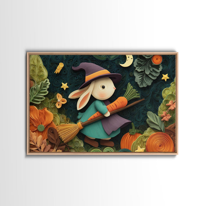 The Bunny Witch, Quilled Halloween Art, Landscape Wall Art, Framed Canvas Print, Cute Halloween Wall Art