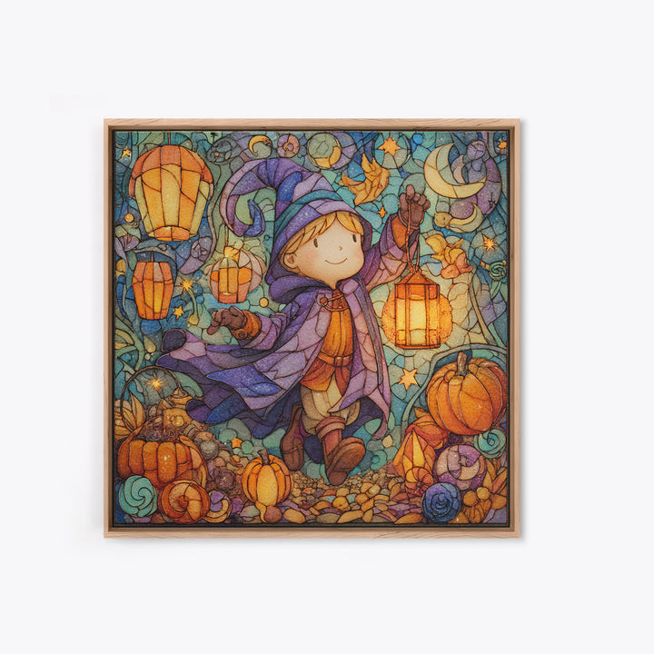 The Lantern-Light Wizard, Stained Glass Halloween, Square Wall Art, Canvas Print, Cute Halloween Wall Art