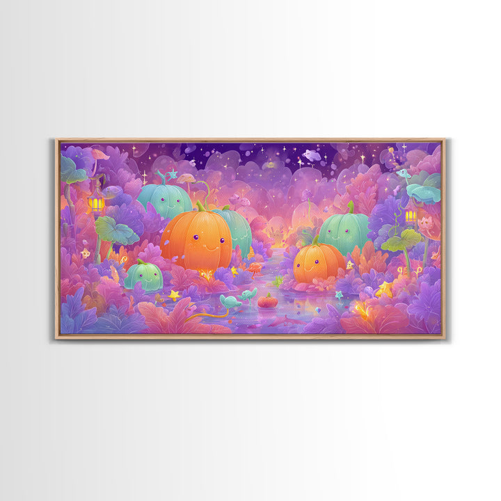The Pumpkin Fairy Garden, Vaporwave Halloween Art, Wide Panoramic Art, Framed Canvas Print, Cute Halloween Wall Art