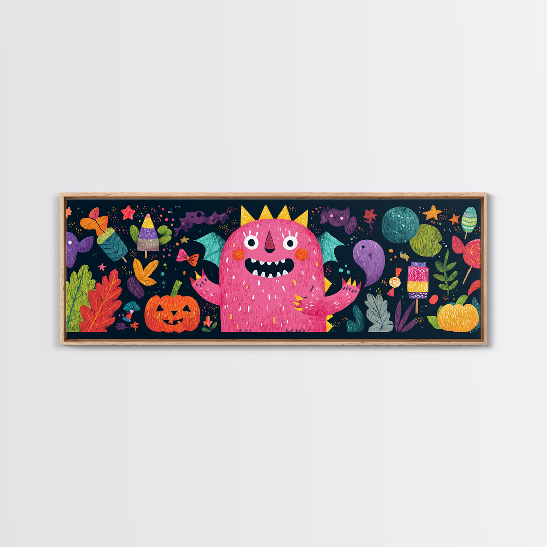 The Polka-Dot Monster, Pixel Halloween Art, Extra Wide Wall Art, Canvas Print, Cute Halloween Wall Art