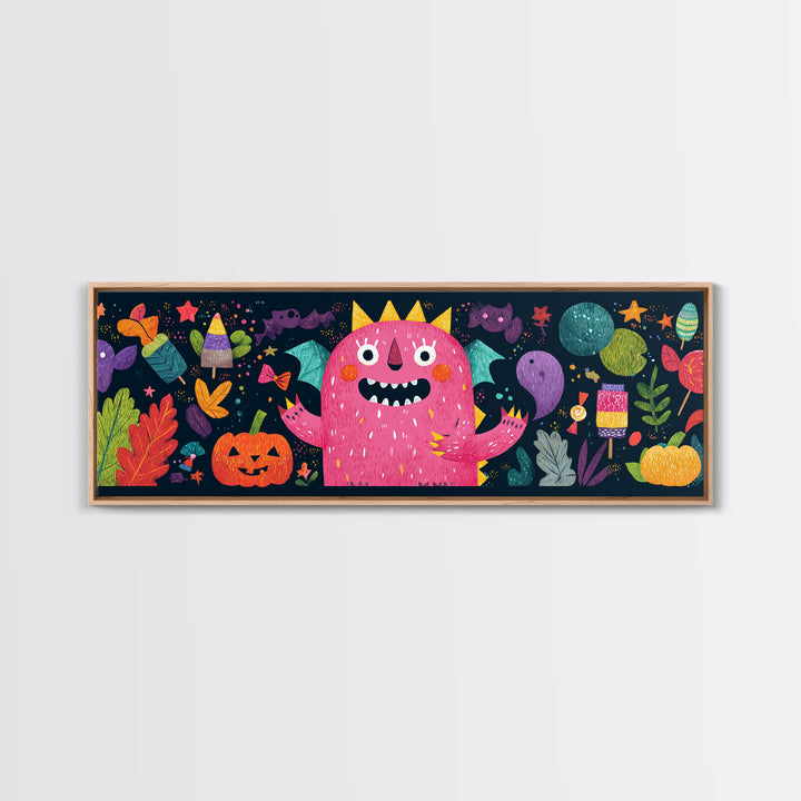The Polka-Dot Monster, Pixel Halloween Art, Extra Wide Wall Art, Canvas Print, Cute Halloween Wall Art