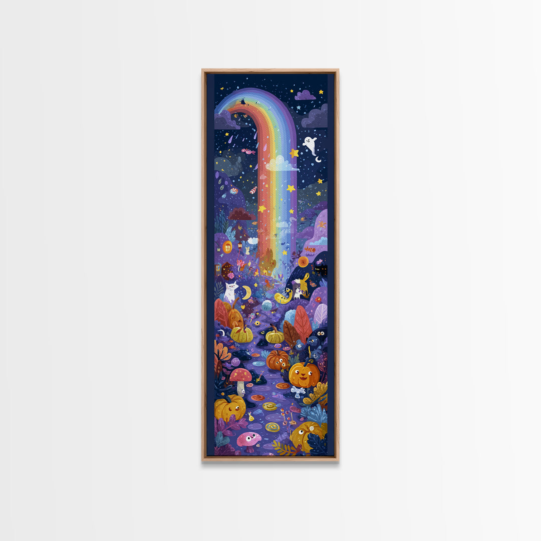 The Rainbow After The Halloween Rain, Vector Halloween Art, Tall Narrow Wall Art, Framed Canvas Print, Cute Halloween Wall Art