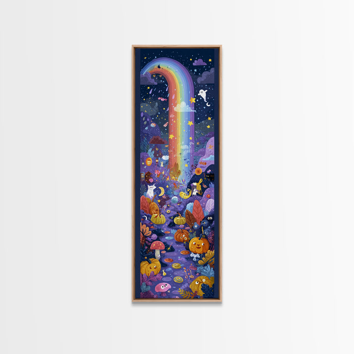 The Rainbow After The Halloween Rain, Vector Halloween Art, Tall Narrow Wall Art, Framed Canvas Print, Cute Halloween Wall Art