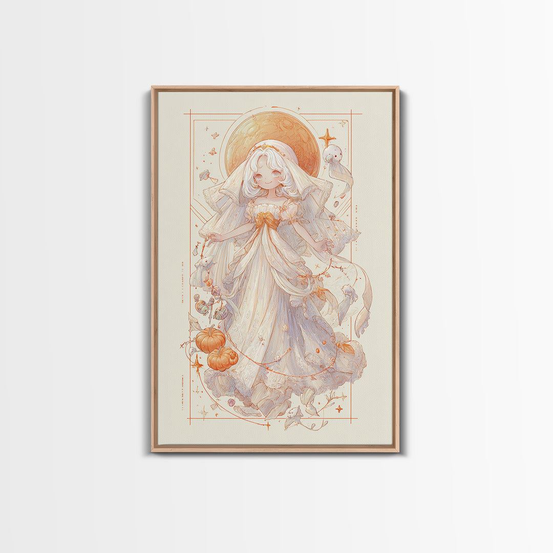 The Bride Of The Abyssal Moon, Hand Sketch Halloween Art, Vertical Wall Art, Canvas Print, Cute Halloween Wall Art