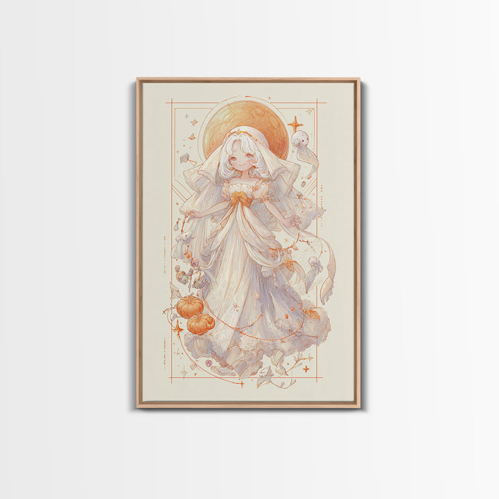The Bride Of The Abyssal Moon, Hand Sketch Halloween Art, Vertical Wall Art, Canvas Print, Cute Halloween Wall Art