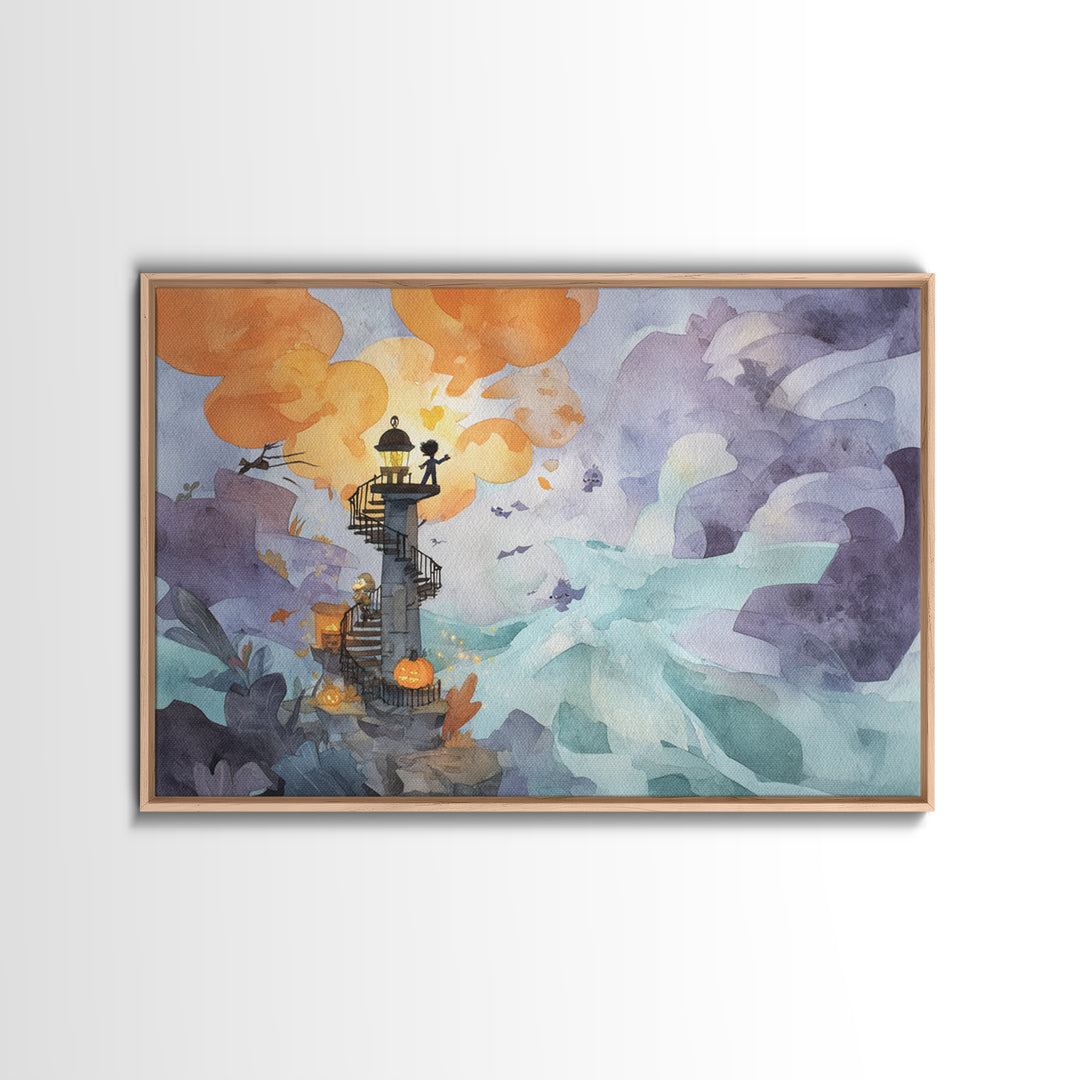The Last Lighthouse Of Y’Ha-Nthlei, Watercolor Halloween Art, Landscape Wall Art, Framed Canvas Print, Cute Halloween Wall Art