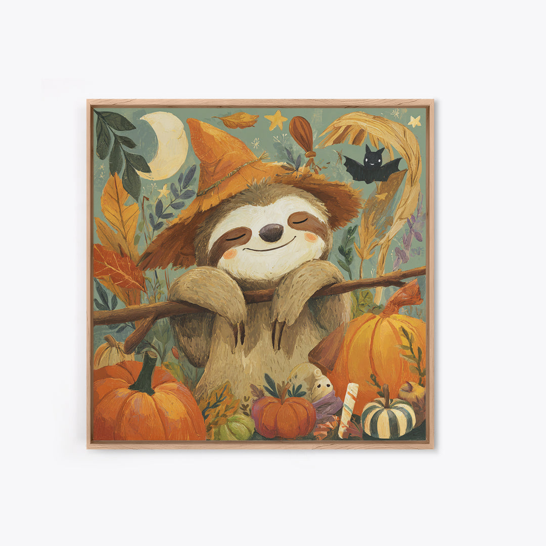 The Scarecrow Sloth, Gouache Halloween Art, Square Wall Art, Canvas Print, Cute Halloween Wall Art, Halloween Kids Decor