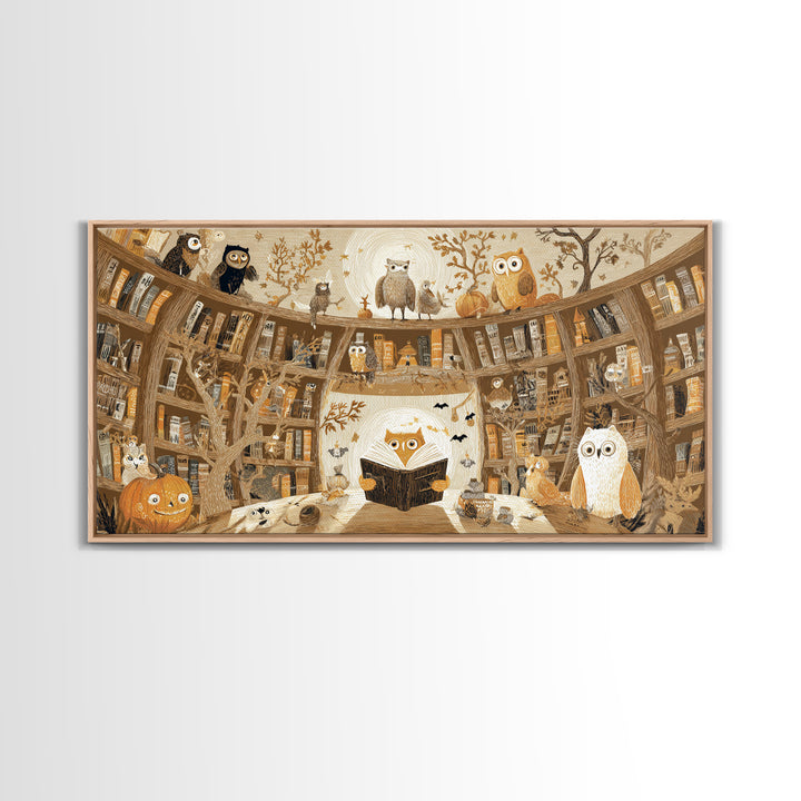 The Moonbeam Library, Crayon Halloween Art, Wide Panoramic Art, Framed Canvas Print, Cute Halloween Wall Art