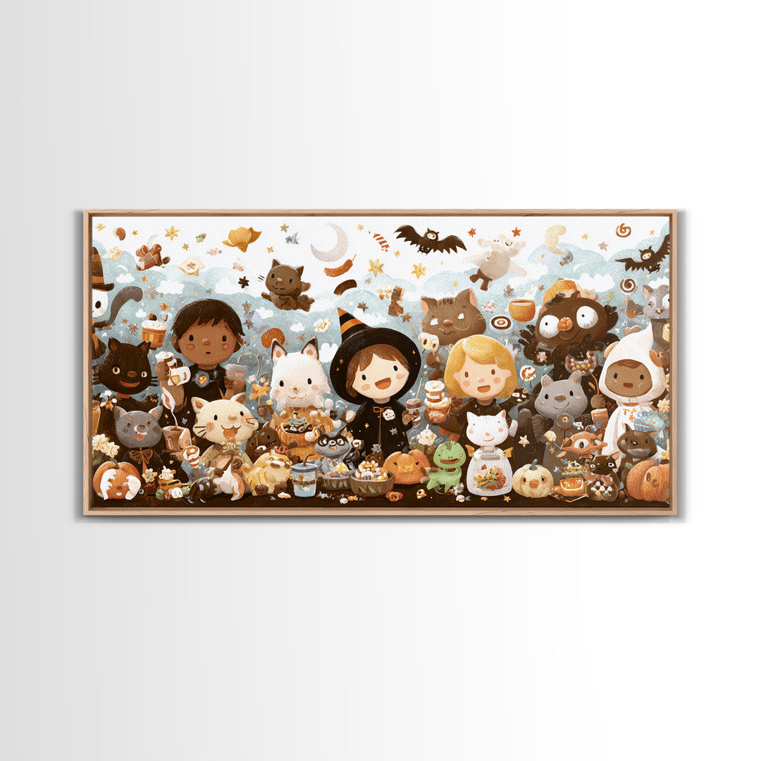 The Friendly Familiar Club, Kawaii Halloween Art, Wide Panoramic Art, Framed Canvas Print, Cute Halloween Wall Art