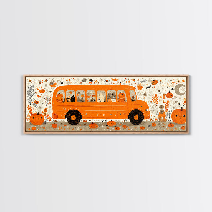 The Pumpkin School Bus, Retro Halloween Art, Extra Wide Wall Art, Canvas Print, Cute Halloween Wall Art