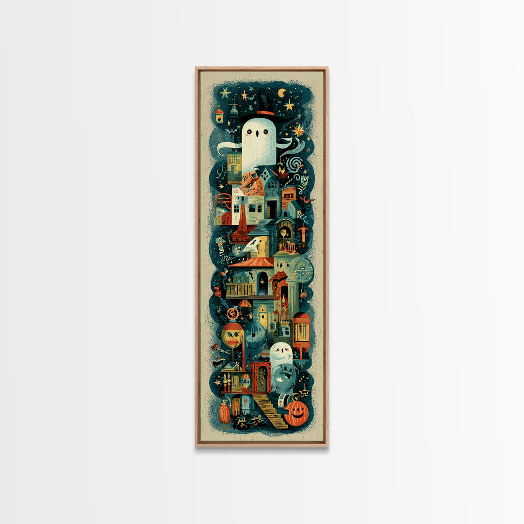 The Ghost Mail Carrier, Screenprint Halloween Art, Tall Narrow Wall Art, Framed Canvas Print, Cute Halloween Wall Art