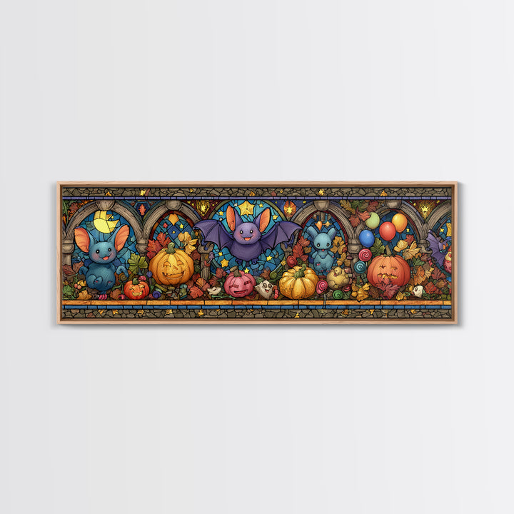 The Bat Balloon Factory, Stained Glass Halloween, Extra Wide Wall Art, Canvas Print, Cute Halloween Wall Art
