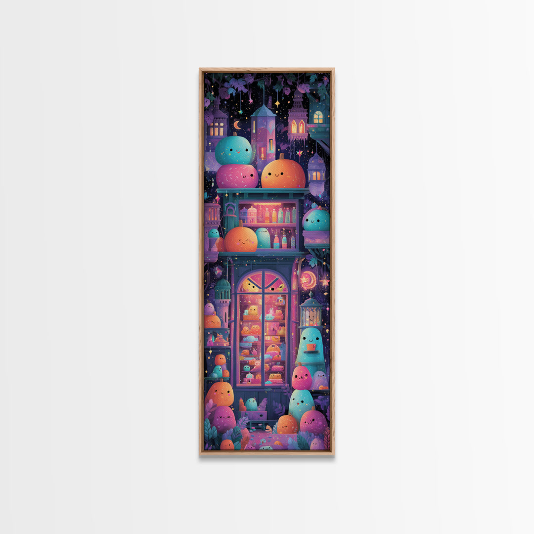The Donut Vampire Family, Vaporwave Halloween Art, Tall Narrow Wall Art, Framed Canvas Print, Cute Halloween Wall Art
