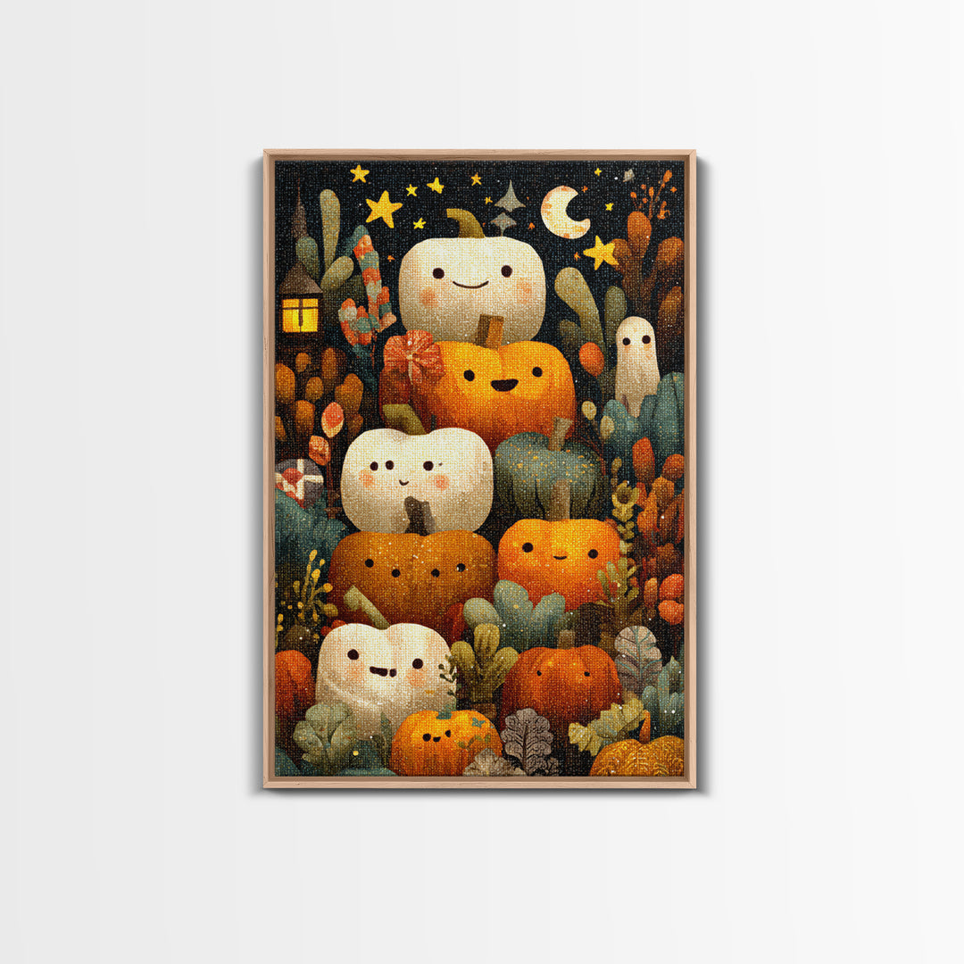 The Pumpkin Painting Party, Pixel Halloween Art, Vertical Wall Art, Canvas Print, Cute Halloween Wall Art