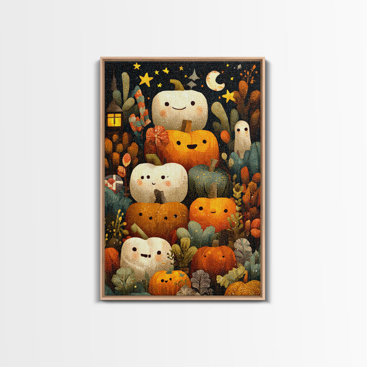 The Pumpkin Painting Party, Pixel Halloween Art, Vertical Wall Art, Canvas Print, Cute Halloween Wall Art