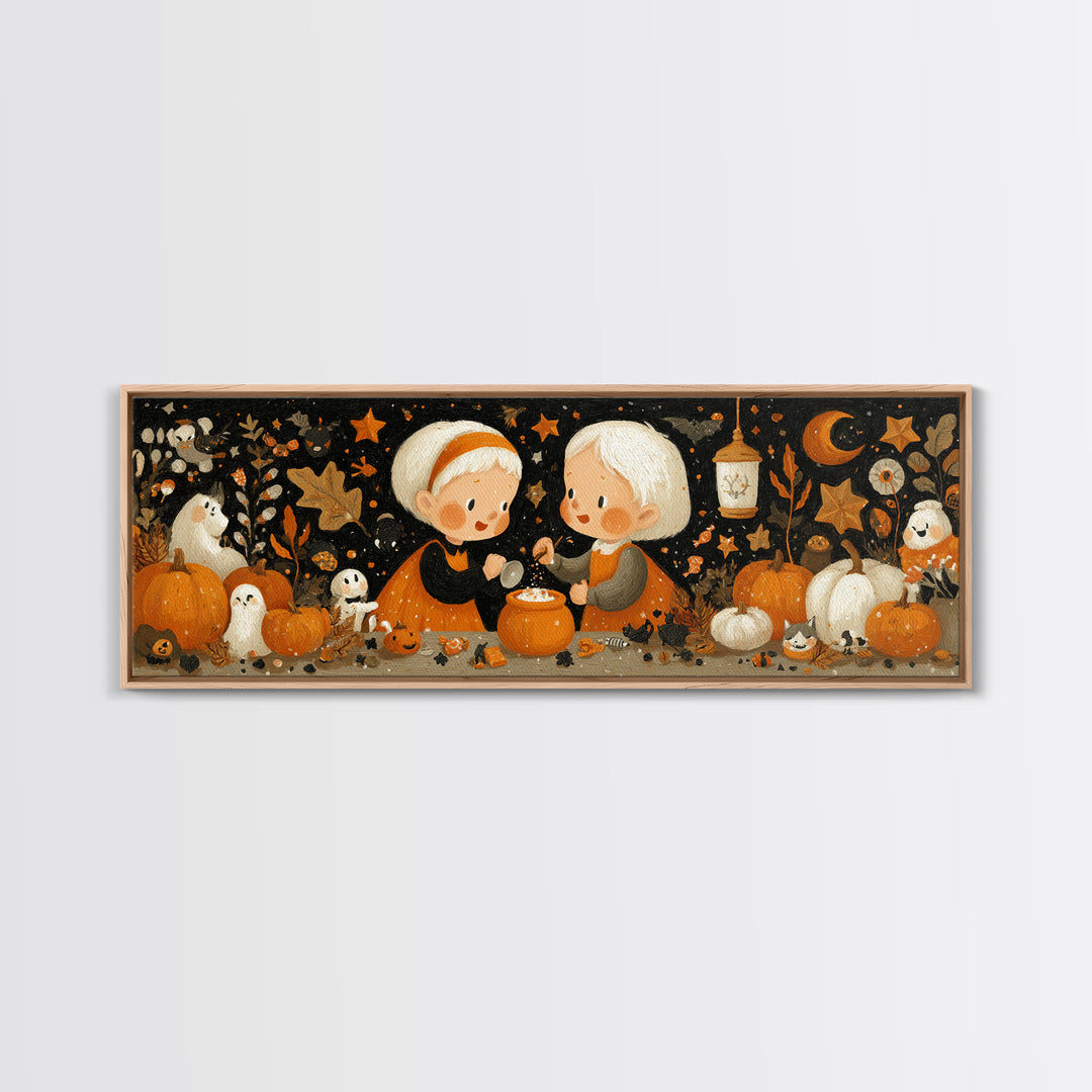 The Pumpkin Potion Twins, Gouache Halloween Art, Extra Wide Wall Art, Canvas Print, Cute Halloween Wall Art