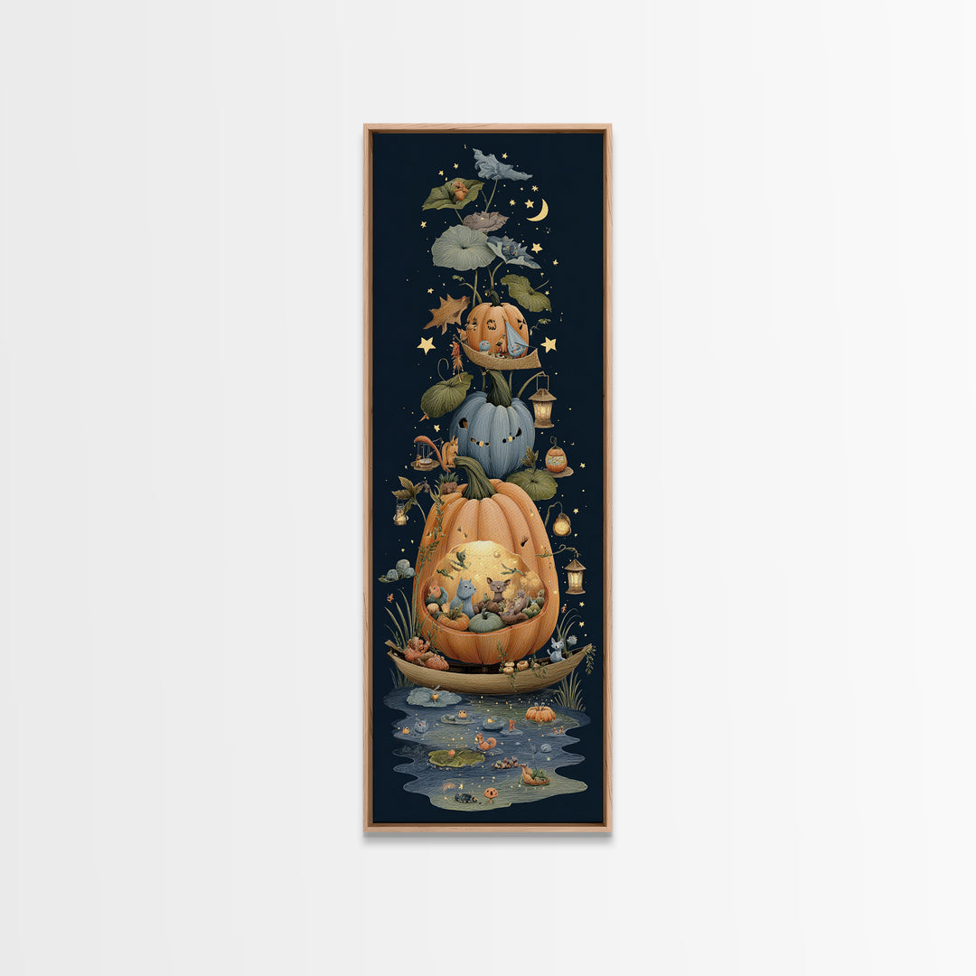 The Pumpkin Sailboat, Crayon Halloween Art, Tall Narrow Wall Art, Framed Canvas Print, Cute Halloween Wall Art