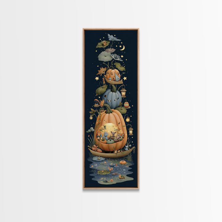 The Pumpkin Sailboat, Crayon Halloween Art, Tall Narrow Wall Art, Framed Canvas Print, Cute Halloween Wall Art