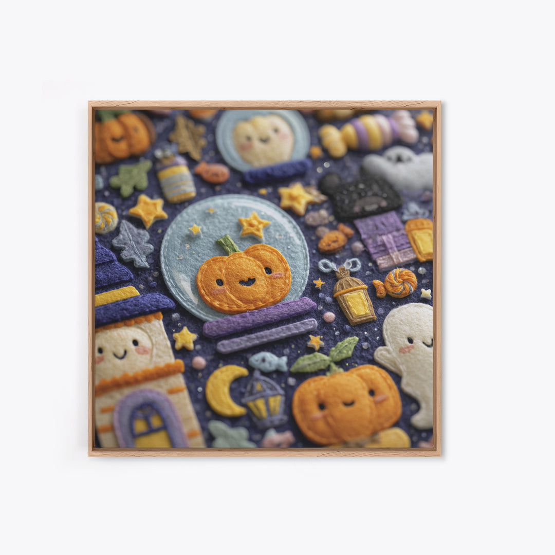 The Halloween Bubble Village, Felt Halloween Art, Square Wall Art, Canvas Print, Cute Halloween Wall Art