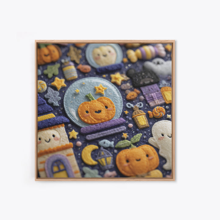The Halloween Bubble Village, Felt Halloween Art, Square Wall Art, Canvas Print, Cute Halloween Wall Art