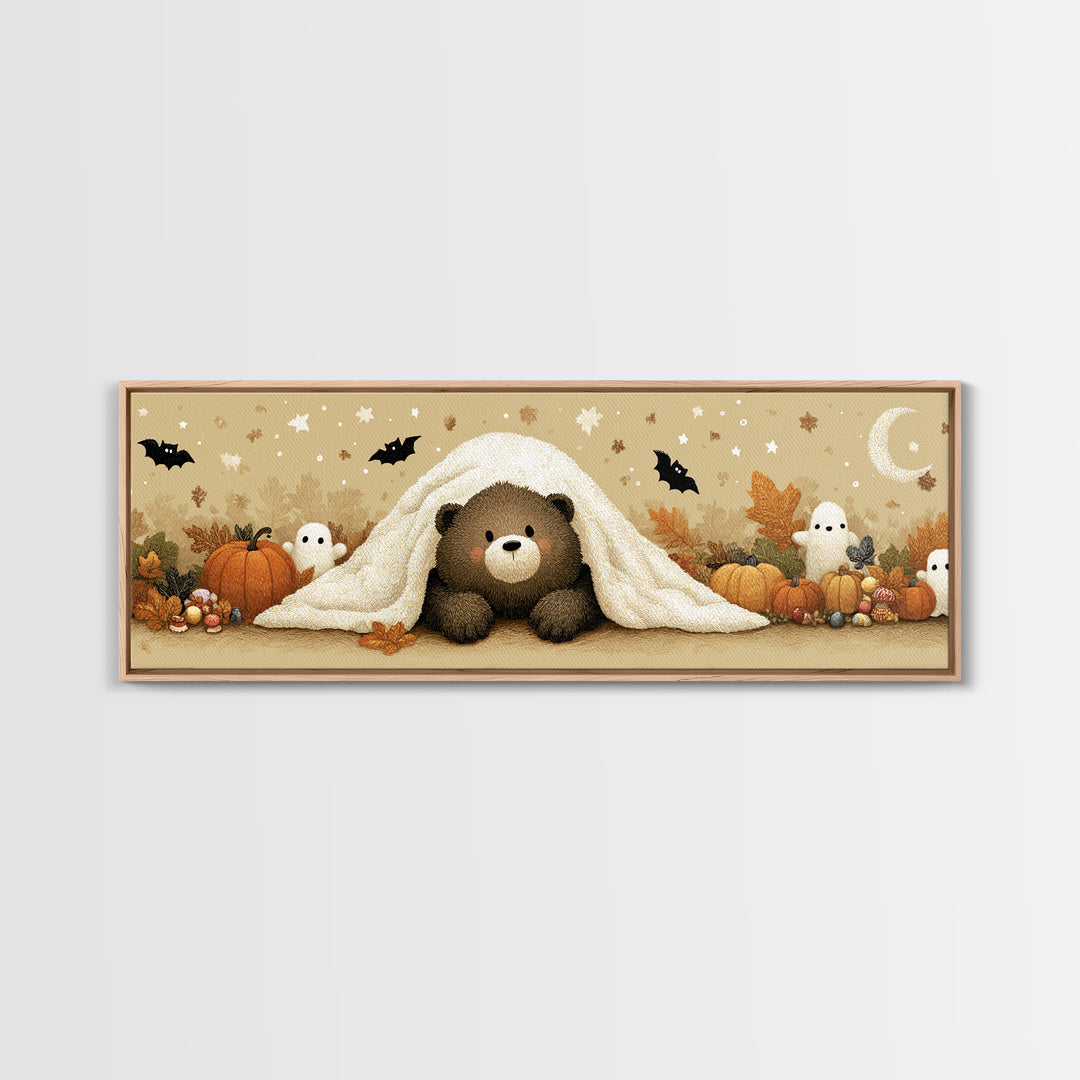 The Bear Cub Ghost, Plush Halloween Art, Extra Wide Wall Art, Canvas Print, Cute Halloween Wall Art, Cozy Autumn Kids Decor