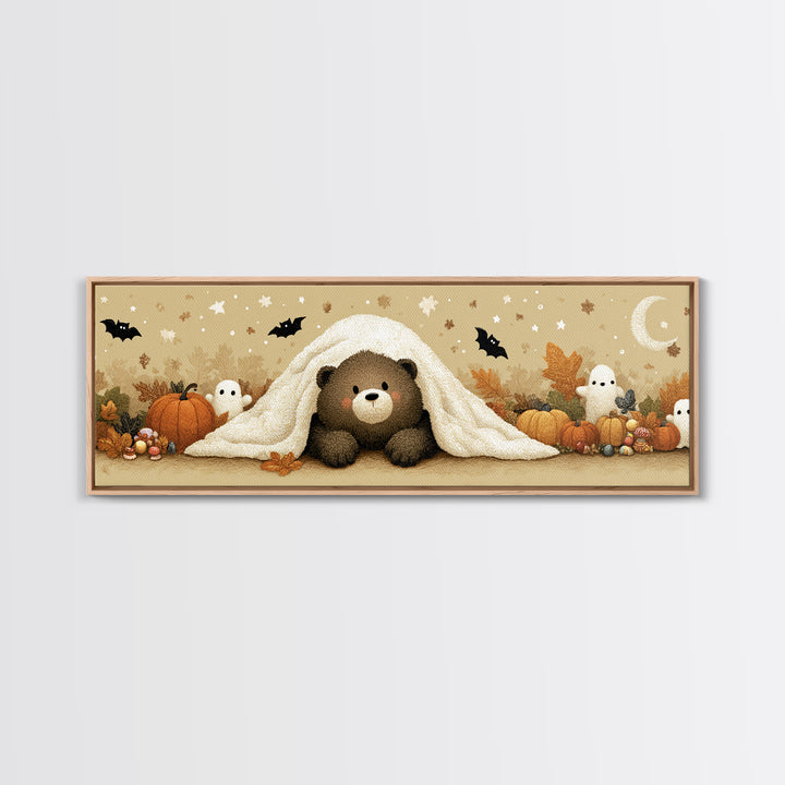 The Bear Cub Ghost, Plush Halloween Art, Extra Wide Wall Art, Canvas Print, Cute Halloween Wall Art, Cozy Autumn Kids Decor