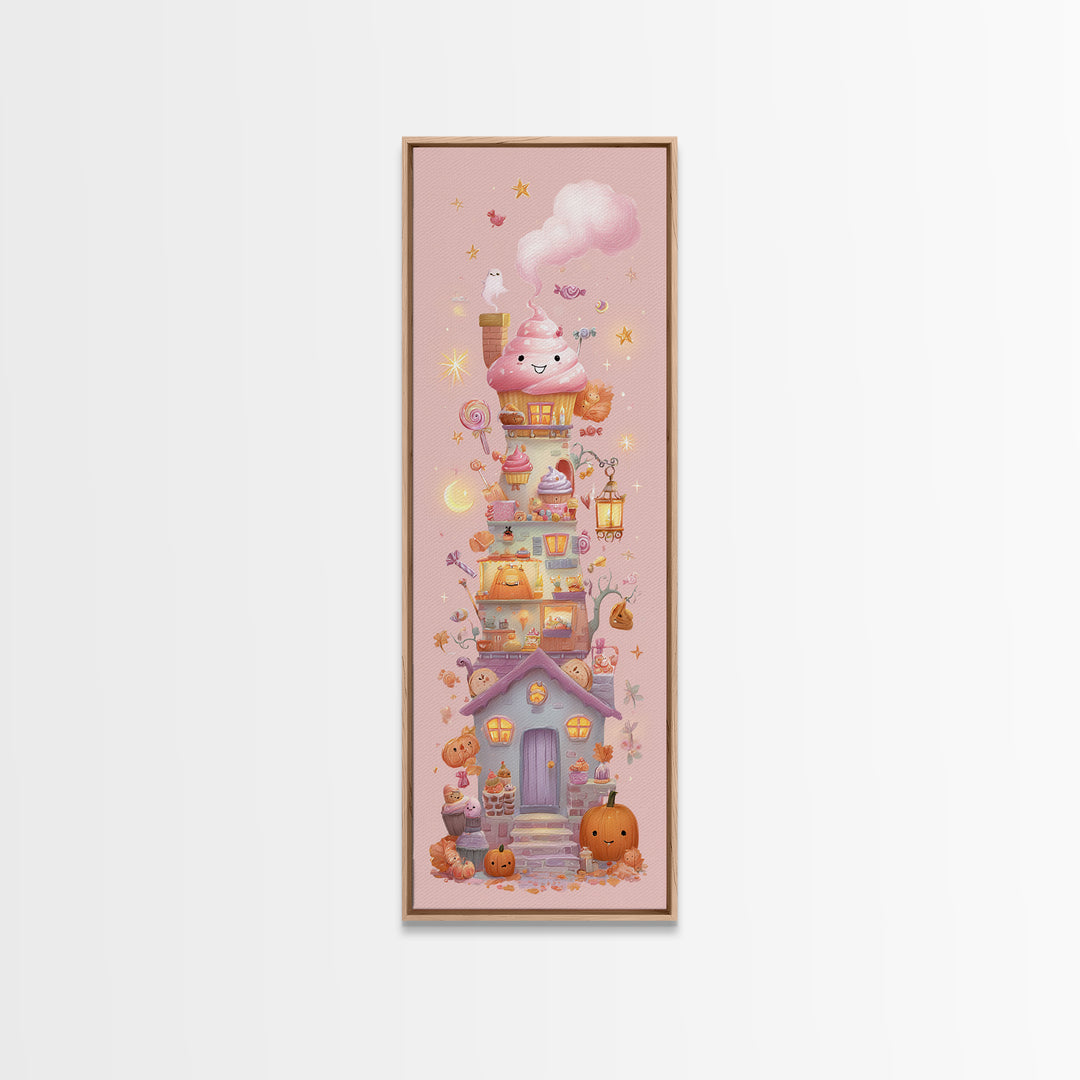 The Witch'S Cupcake Cottage, Kawaii Halloween Art, Tall Narrow Wall Art, Framed Canvas Print, Cute Halloween Wall Art