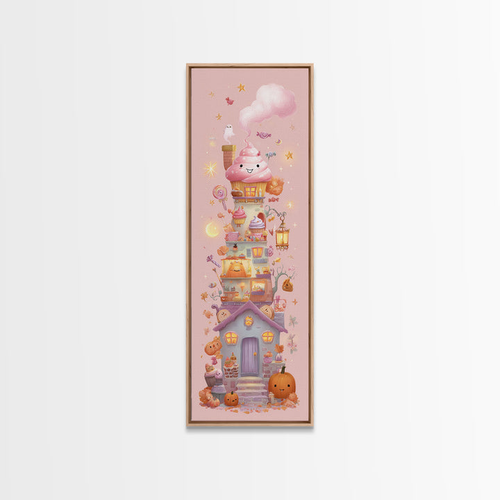 The Witch'S Cupcake Cottage, Kawaii Halloween Art, Tall Narrow Wall Art, Framed Canvas Print, Cute Halloween Wall Art