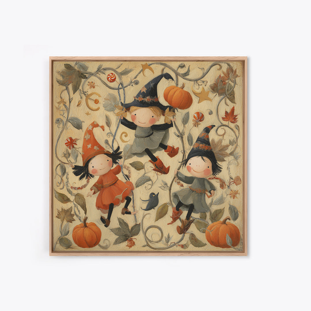 The Pumpkin Vine Swing, Folk Halloween Art, Square Wall Art, Canvas Print, Cute Halloween Wall Art, Halloween Kids Decor