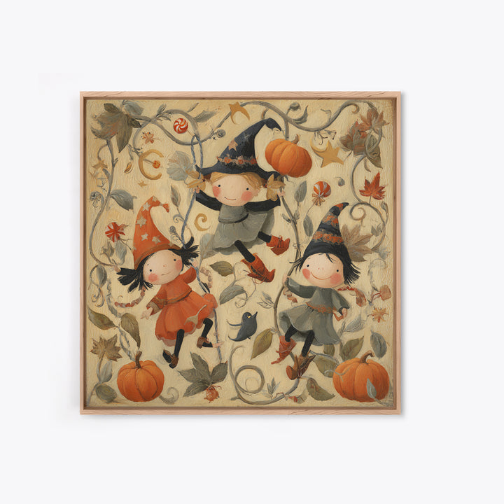 The Pumpkin Vine Swing, Folk Halloween Art, Square Wall Art, Canvas Print, Cute Halloween Wall Art, Halloween Kids Decor